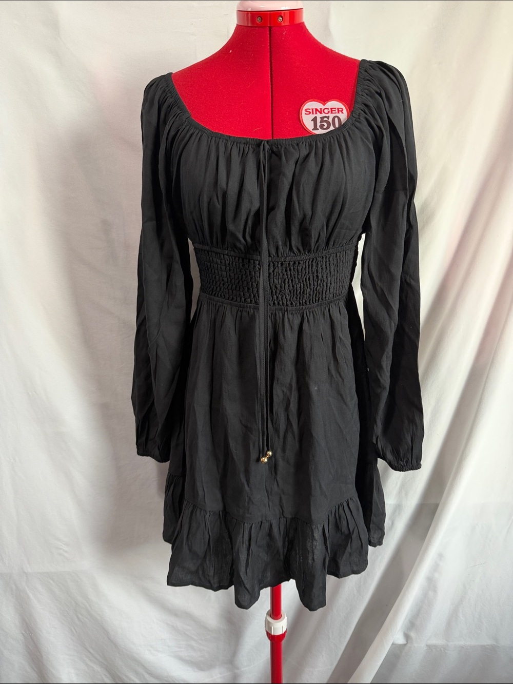 Black Smocked-Waist Long Sleeve Dress